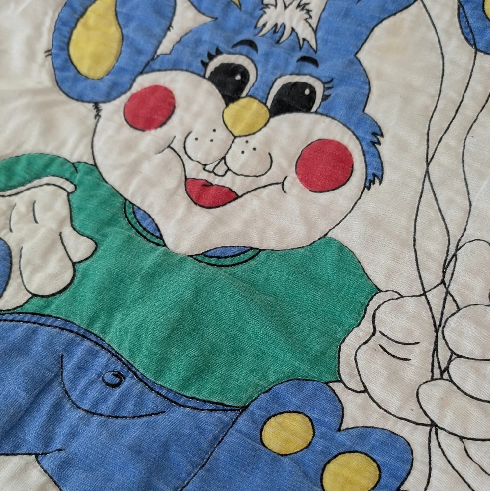 Vintage Blue Bunny Rabbit w/ Yellow Red Blue Star Balloons Crib Sheet 80s 90s